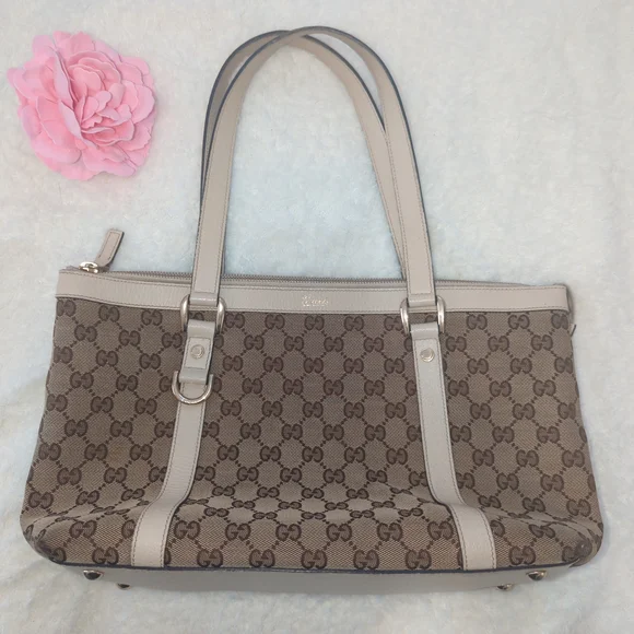 Gucci Authentic Monogram Tote GG Abbey Cream Leather Canvas Medium Bag EUC Chic - Picture 4 of 14